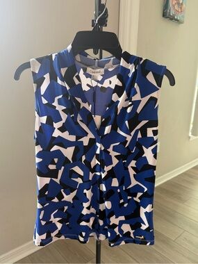Calvin Klein Women's Size PS Petite Small Blue Geometric Sleeveless Blouse Shirt